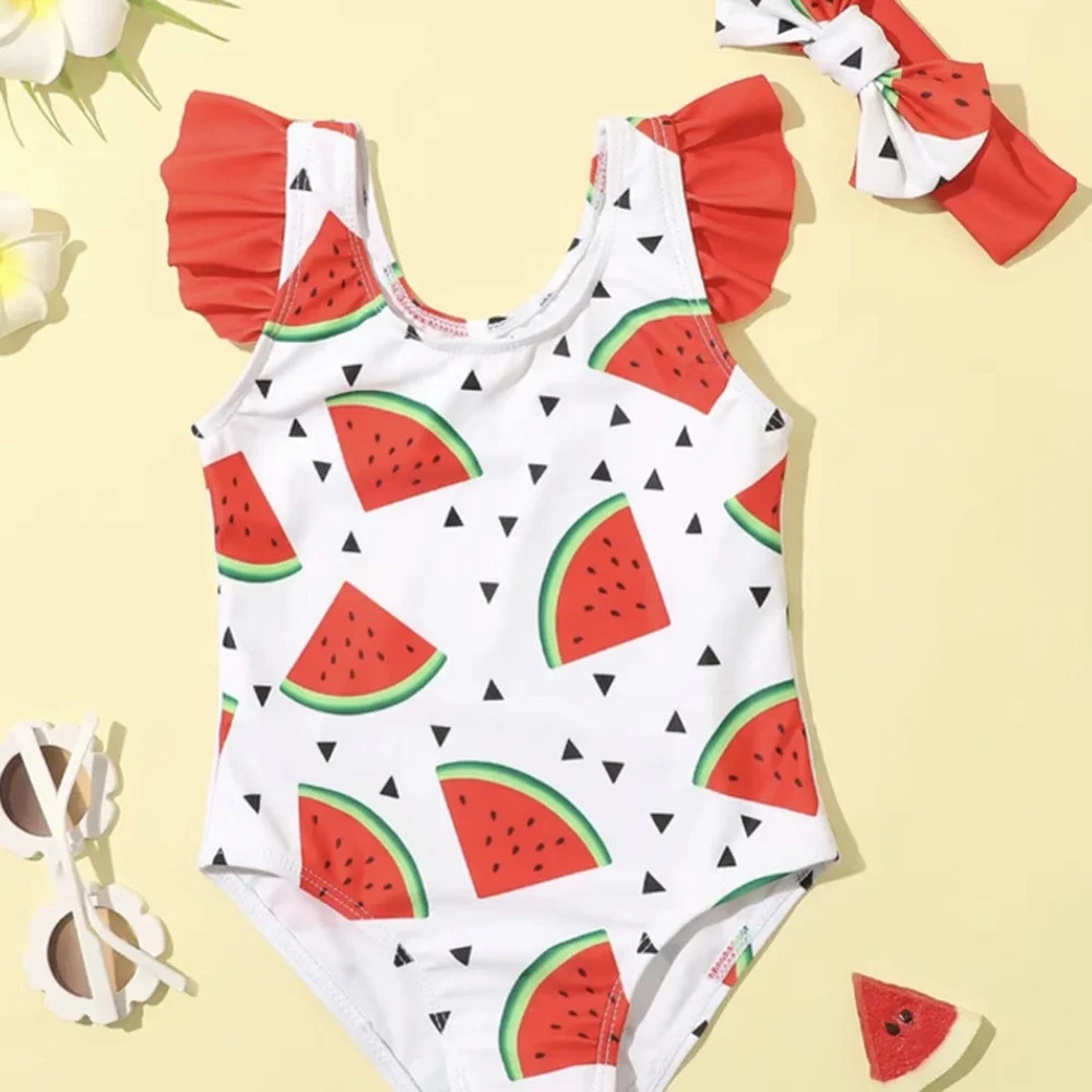 Baby Watermelon Ruffle Shoulder Headband One Piece Swimsuit Sz 9-12 mont…(80)